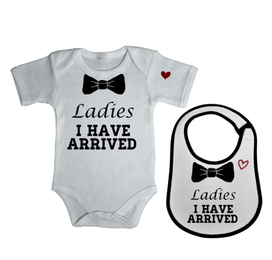 Ladies i have arrived baby grow and bib combo