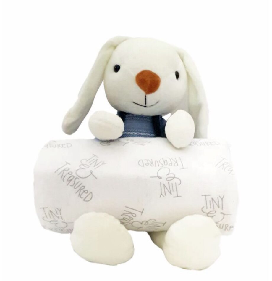 Newborn Baby Gift Set - Sapphire Plush Rabbit and Muslin Receiving Blanket