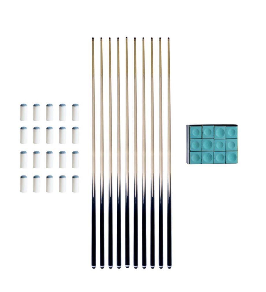 Standard Pool Cues x 10, Tip & Chalk Combo Set