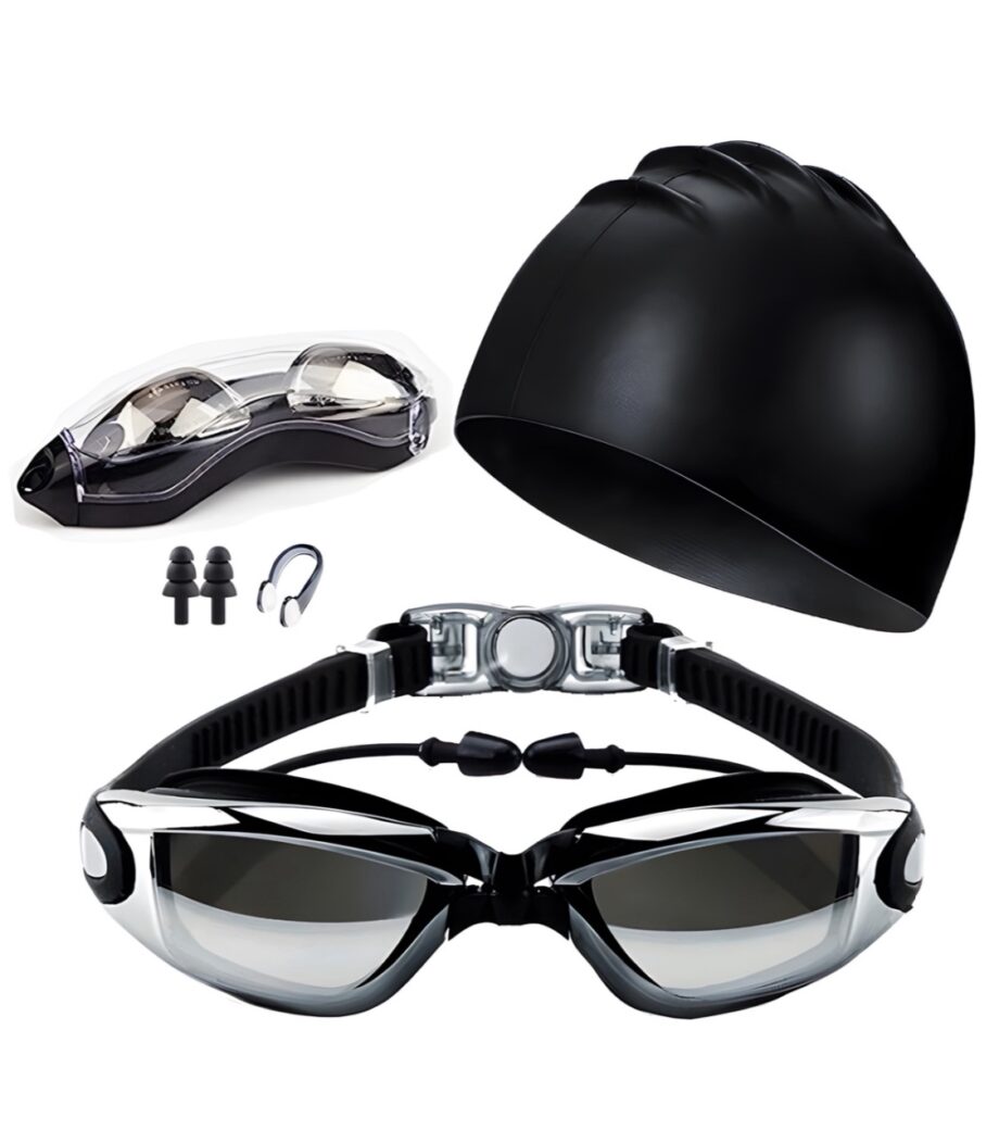 Swimming Goggles Anti-Fog Swim Cap Ear Plug Nose Clip Train Equipment Set - Black