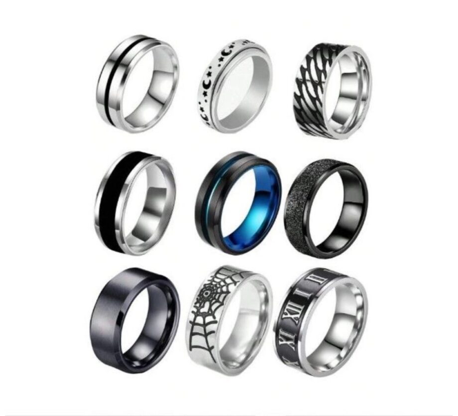 Mens Stainless Steel Silver Colour 9 rings With Unique Designs