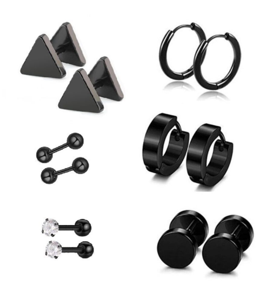 POU Unisex Black Stainless Steel Earring Piercing Set - 6-