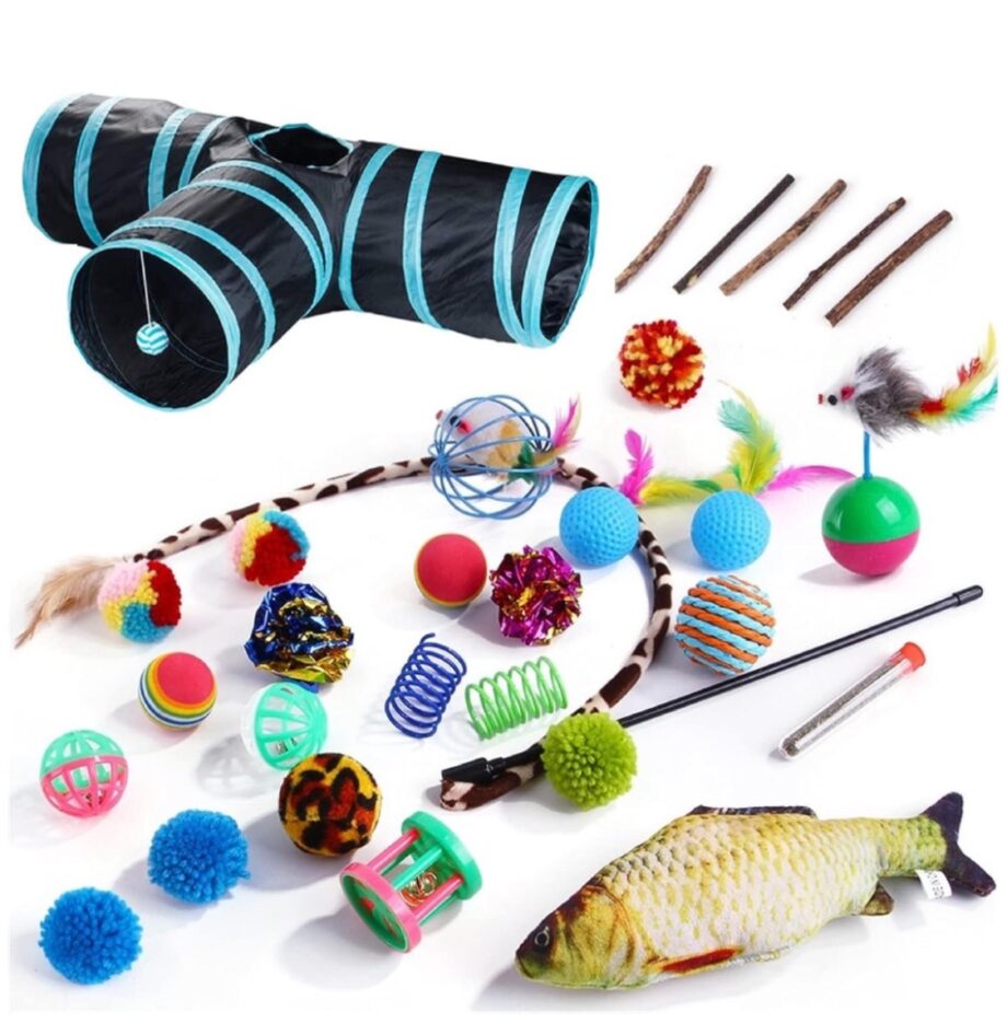 Cat Toy Set with Tunnel Feather Teaser Catnip Fish Colorful
Balls and Bells