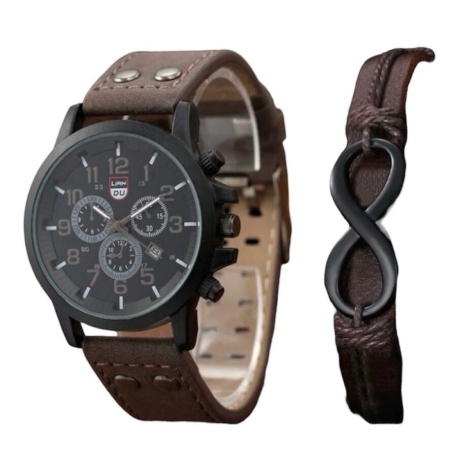 2 Piece/Set Men's Brown Pu
Leather Strap watch & Figure 8
Shaped Bracelet