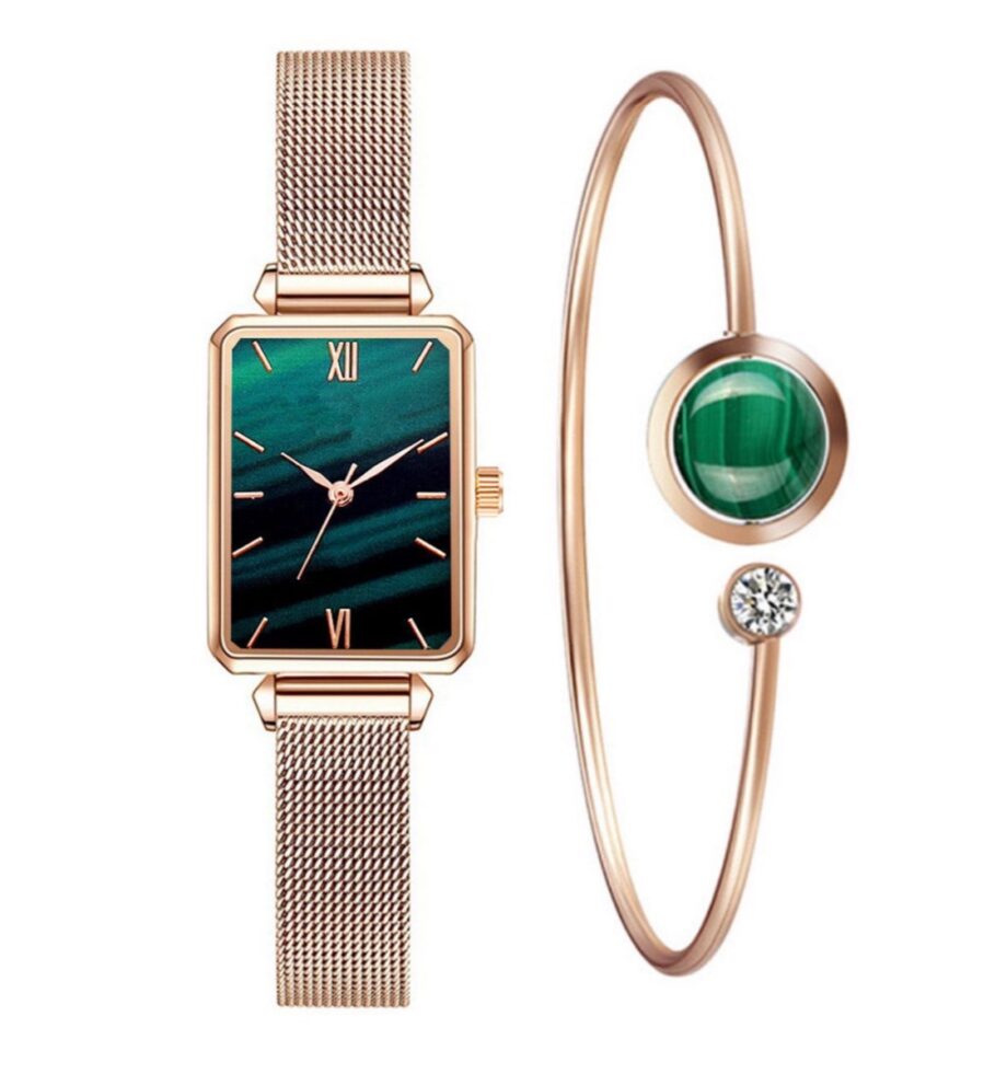 Women Watch and Bracelet Set
- Rose Gold and Emerald