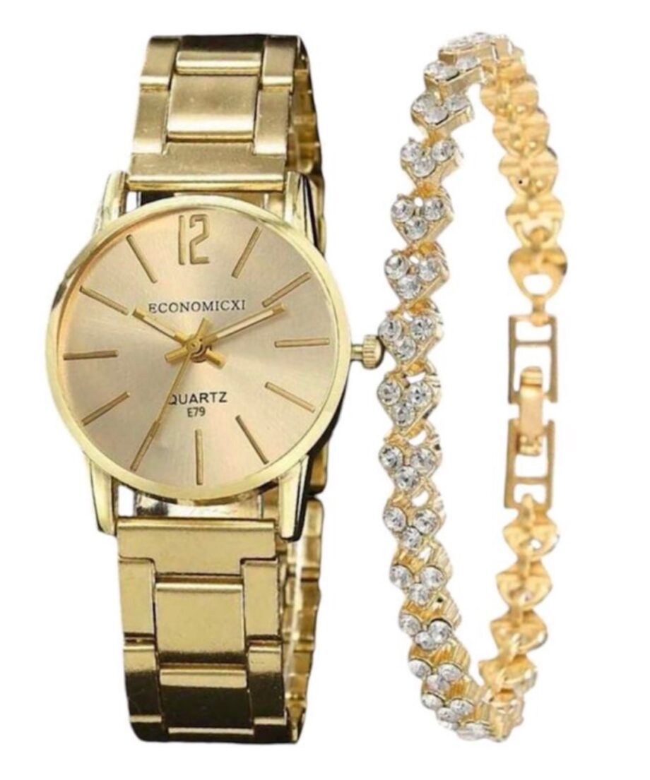 Ladies Watch Gold Watch Trendy Quartz Watch and Bracelet For Women - 2 Piece