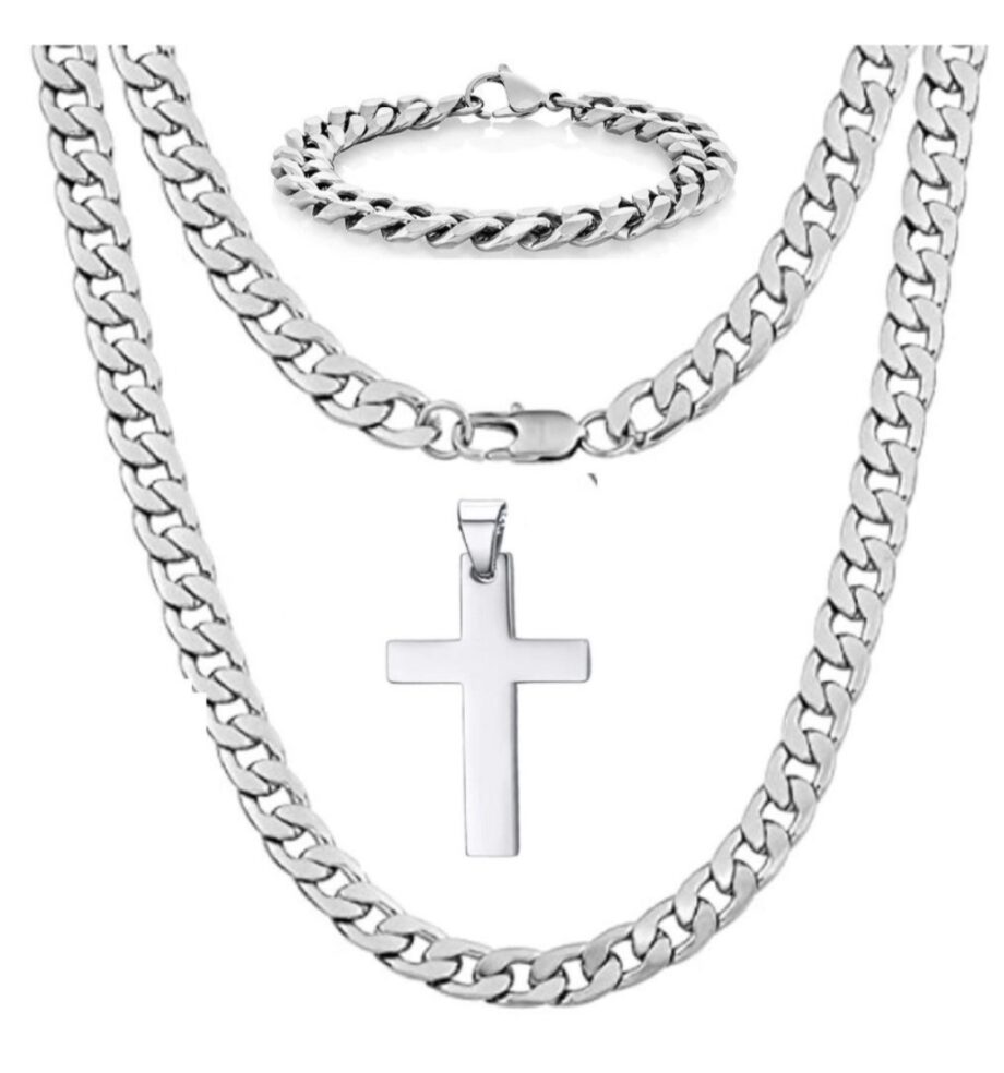 Solid Bulky Stainless Steel
Cuban Men Necklace & Bracelet Set with Cross