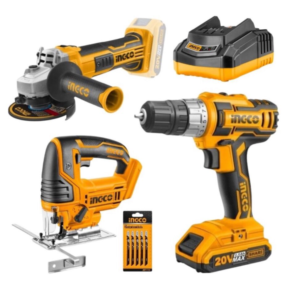 Ingco - Cordless Drill, Grinder and Jigsaw Set with Battery and Charger