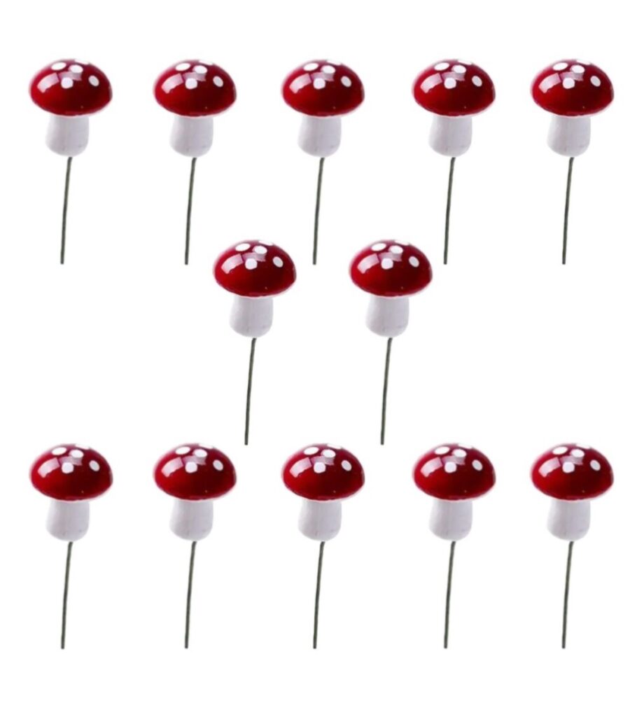 Garden Decor Craft Mini Red Mushrooms Statue Stakes Set of 12 - 3cm