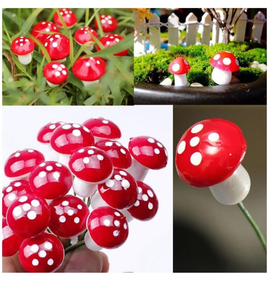 Garden Decor Craft Mini Red Mushrooms Statue Stakes Set of 12 - 3cm